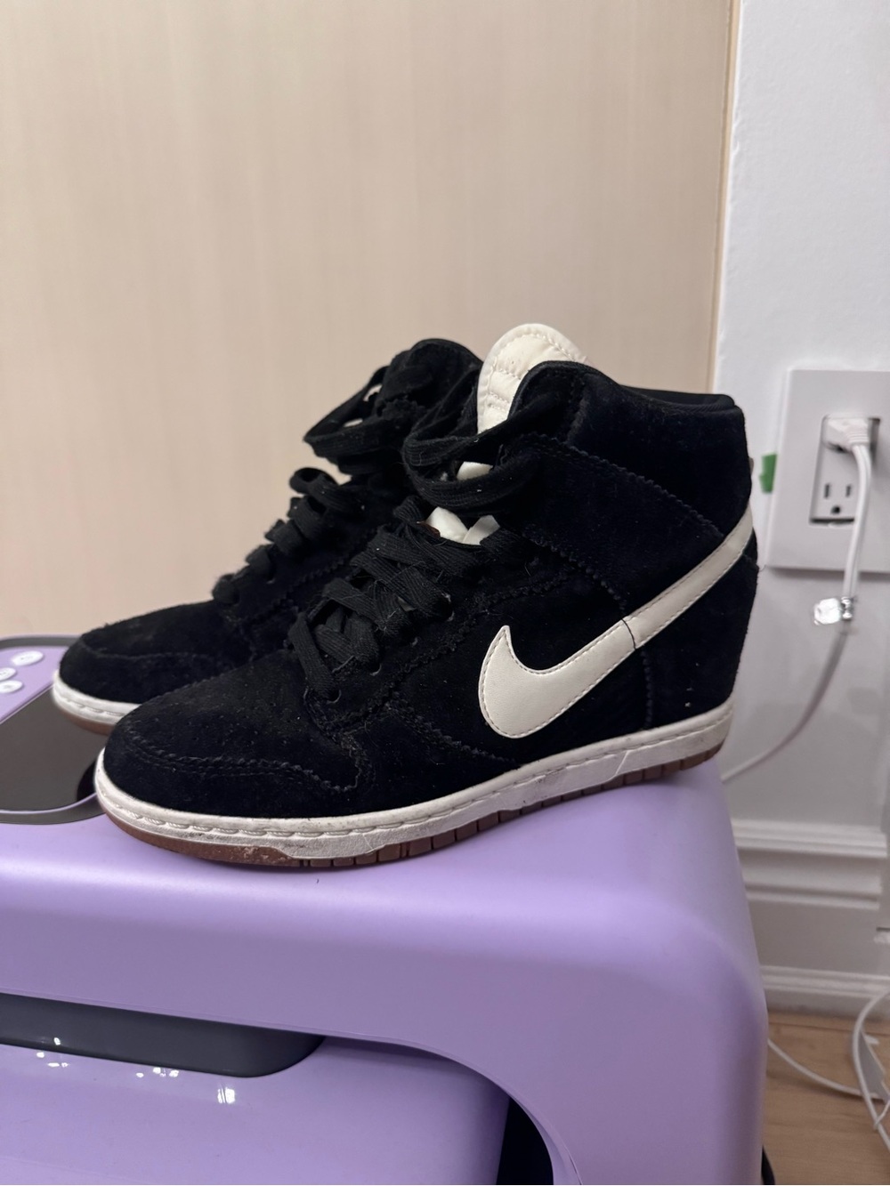 Nike Women’s Dunk Sky Hi Black Suede High-Top Sneakers with White Swoosh Accent